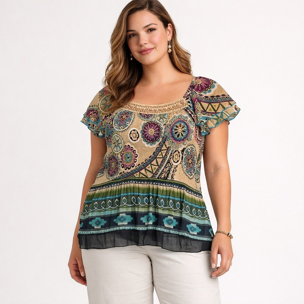 Boho Beaded Square‎ Neck Pleated Mandala Peplum Blouse Green Purple Festival